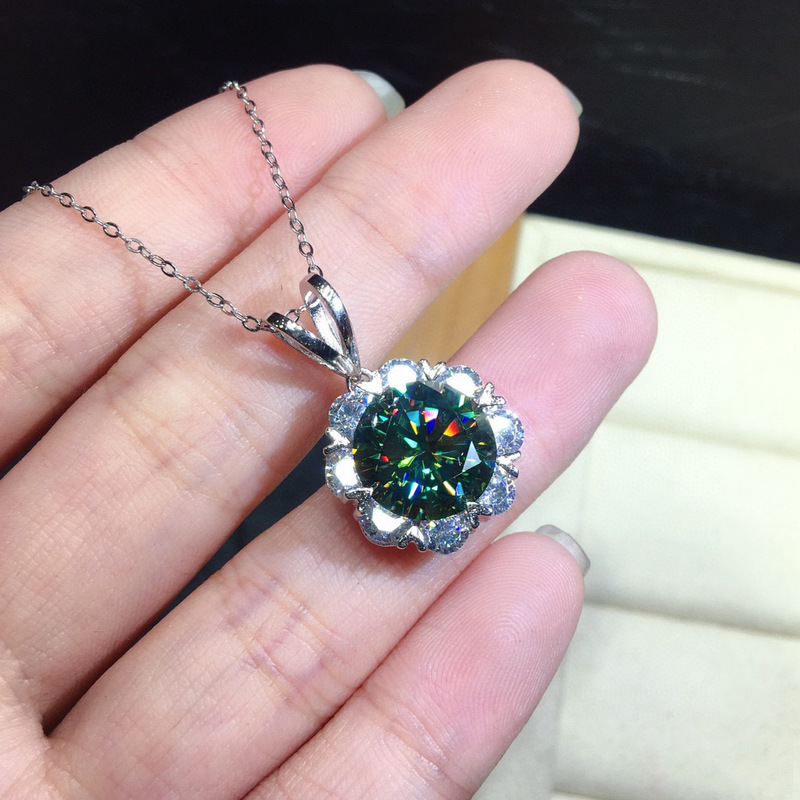 Vintage Flower 2ct AAAAA Green Zircon Pendant Silver Color moissanite Wedding Pendants Choker Necklace For Women Jewelry