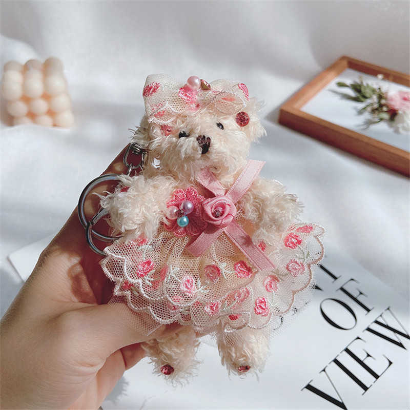 Key Rings Exquisite Wedding Dress Bear Women's Cute Animal Plush Doll Keychain Holder Korean Fashion Bag Charm Pendant Gift G230526