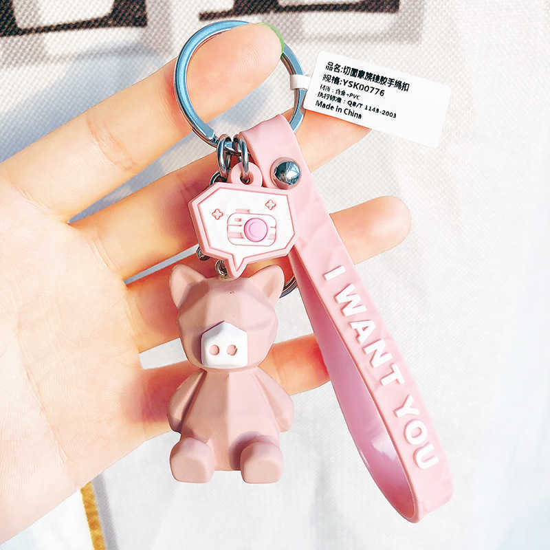 Key Rings Fashionable and cute dinosaur car keyring cartoon female PVC animal keychain hanging rope handbag accessory Trinket G230526