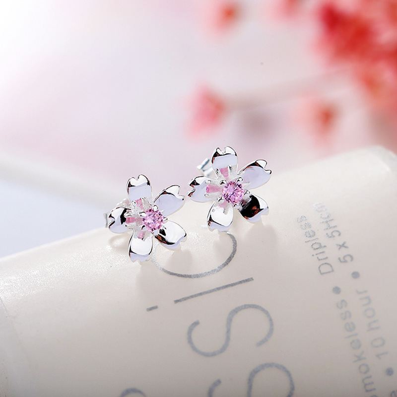 Elegant Cherry Blossom Stud Earrings in S925 Sterling Silver with Crystal Accents - Perfect for Fashionable Women