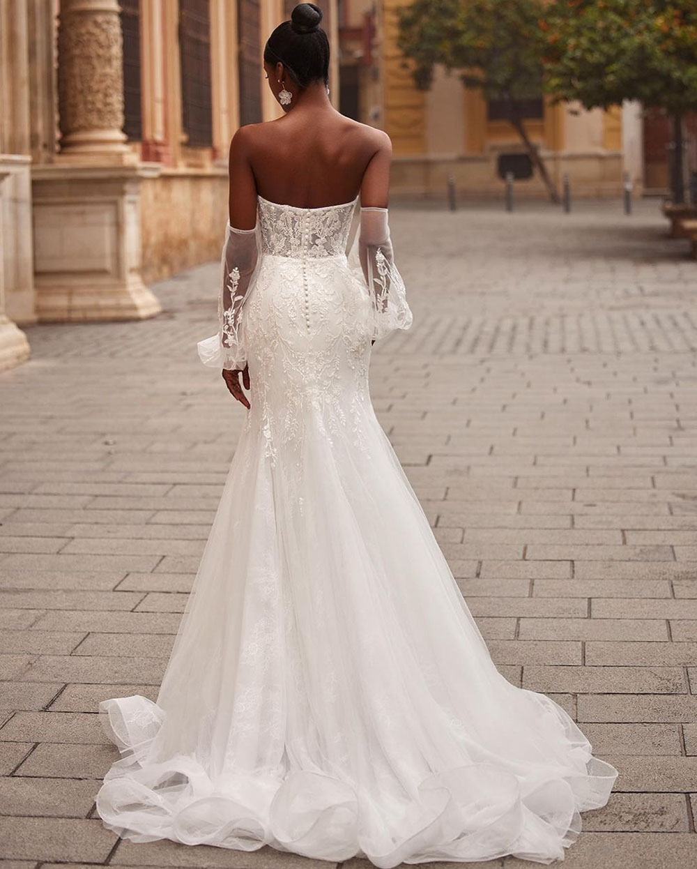Exquisite Puff Sleeves Mermaid Wedding Dress Off the Shoulder Lace Appliques Bridal Gown Sweethearts Backless mariee