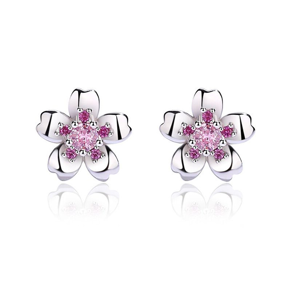 Elegant Cherry Blossom Stud Earrings in S925 Sterling Silver with Crystal Accents - Perfect for Fashionable Women