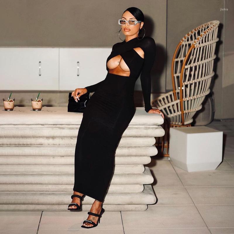 Casual Dresses European And American Style Womens Cross Cut-Out Long-Sleeved Buttocks Long Dress