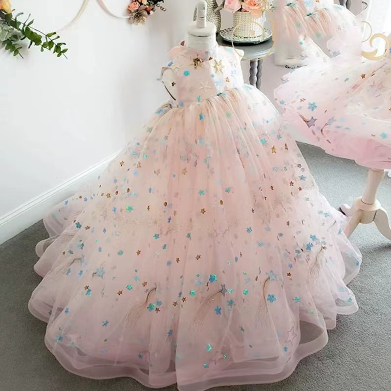 Cute Handmade Flower Girls Dresses Bow Belt Bead Princess Kids Bridesmaid Dress Girl Pageant Ball Gown star sequined crystal long tain Puffy Bridesmai