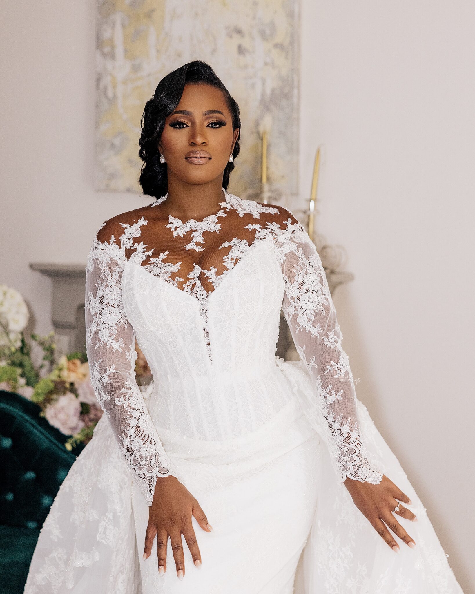 2023 Arabic Aso Ebi Mermaid White Wedding Dress Sheer Neck Long Sleeves Lace Bridal Gowns Dresses ZJ303