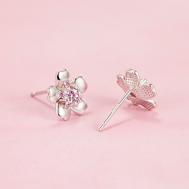 Elegant Cherry Blossom Stud Earrings in S925 Sterling Silver with Crystal Accents - Perfect for Fashionable Women