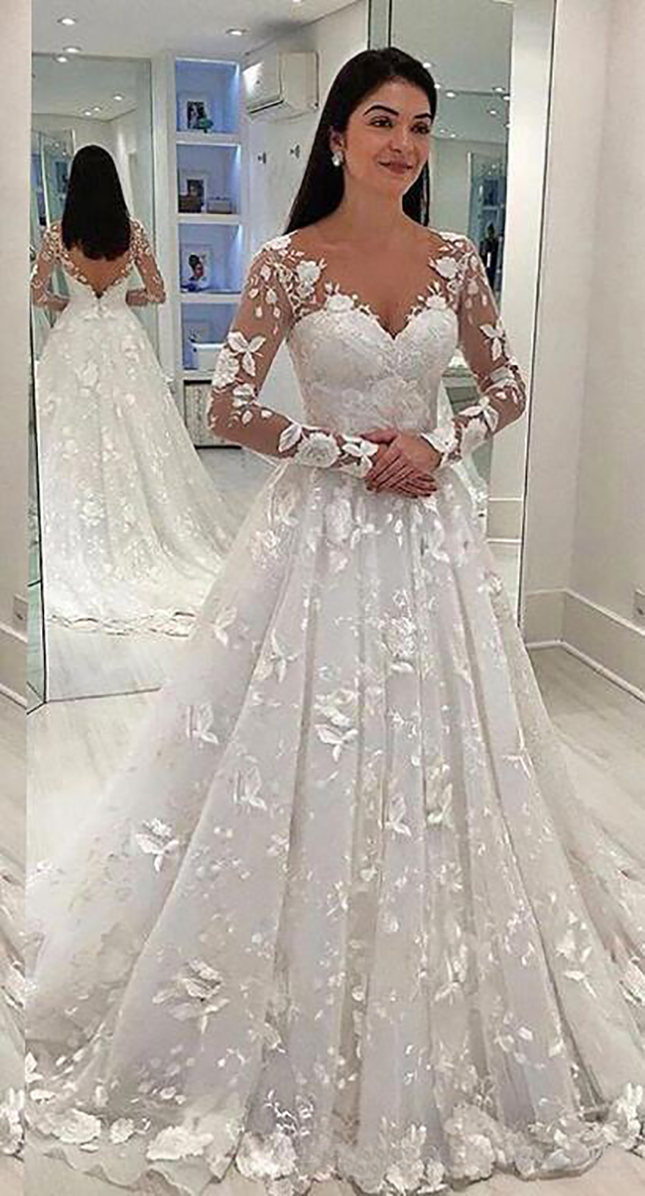 2023 Sexy Women Wedding Dress White Lace Long Dress Deep V-neck Long Mesh Lace Sleeve A-line Pleated Floor-length Dresses