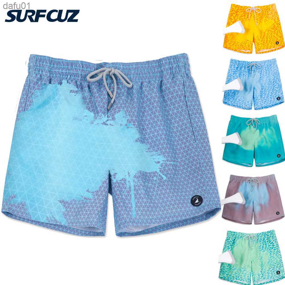 Men's Shorts SURFCUZ Color-Changing Swim Trunks Summer Magical Beach Swimwear Temperature-Sensitive Quick Dry Color Change Mens Swim Shorts L2305