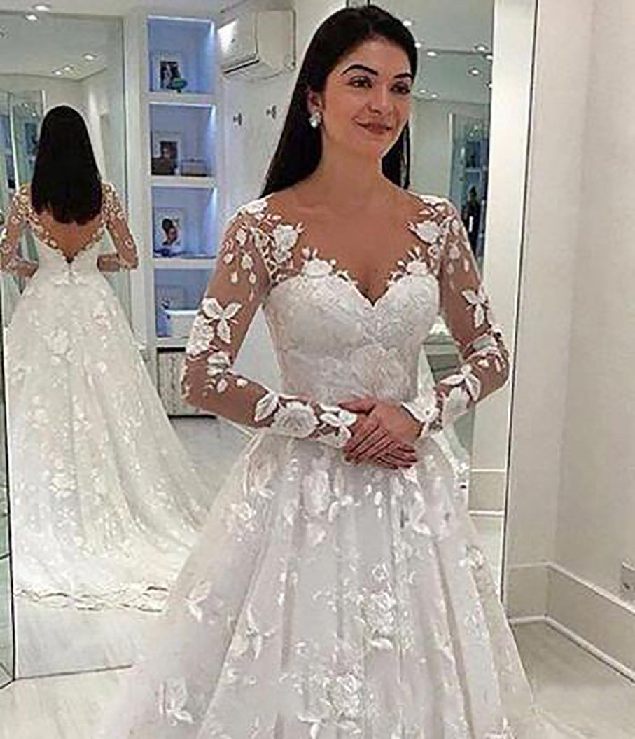 2023 Sexy Women Wedding Dress White Lace Long Dress Deep V-neck Long Mesh Lace Sleeve A-line Pleated Floor-length Dresses