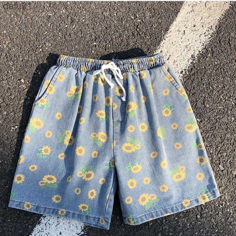 Men's Shorts Gmiixder Daisy Denim Shorts Men's 2023 Summer High Street Capris Women Techwear Oversize Leisure Beach Pants Unisex Streetwear 