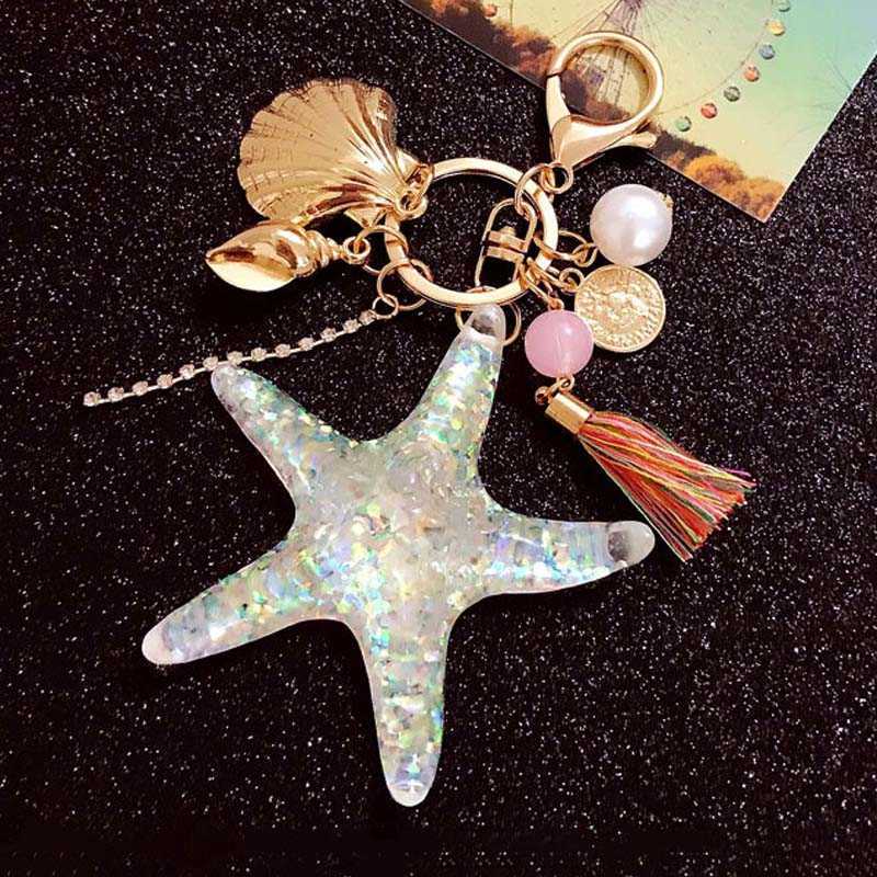 Key Rings Fashion Ocean World Pearl Starfish Cute Shell Keychain Crystal Pendant Keyring Bracket Women's Bag Charm Party Gift G230526