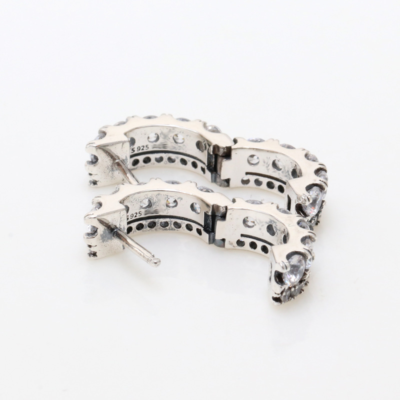 Authentic 925 Sterling Silver Pave Hoop Earrings for Men & Women - Shiny Party Jewelry