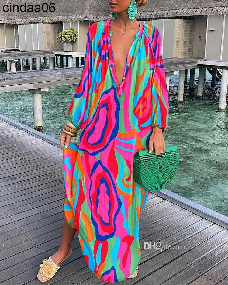 Casual Dresses Women Vintage Maxi Designer dresses Summer Sexy Deep V Neck Long Sleeve Boho Print Long Dress Female Beach Cover Up Elegant Robe Summer Clothing Skirt