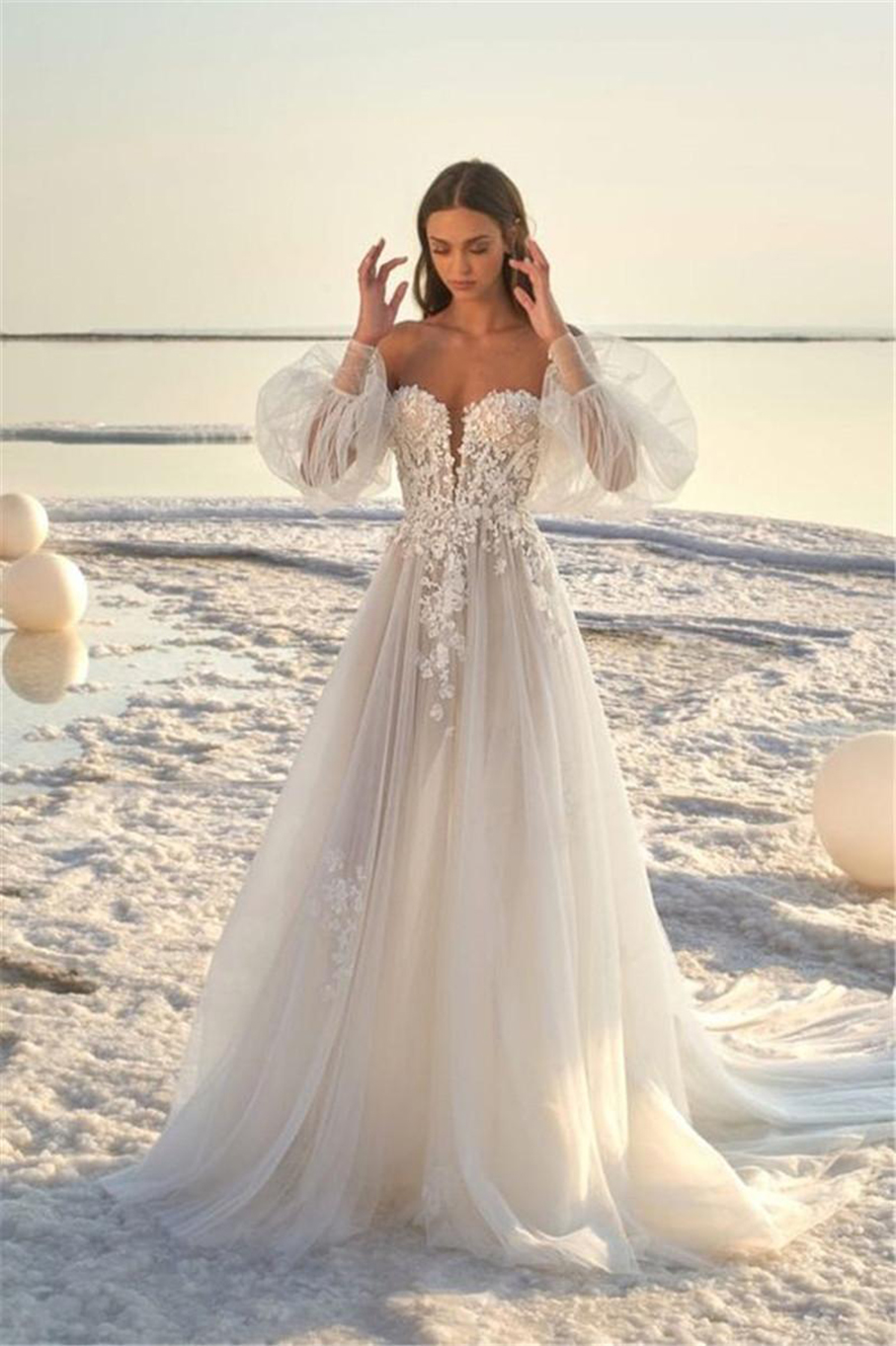 Strapless Wedding Dresses Long Sleeve Lace Country Boho Wedding Gowns Plus Size Wedding Dresses Bridal Gowns Robe De Mariee