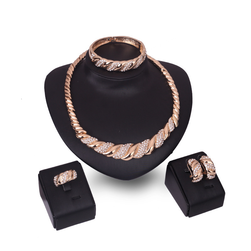 New African Jewelry Sets Gold Color Trendy Necklace Earrings Bracelet Women Gold Color Jewelry Set Wedding Accessories 201222