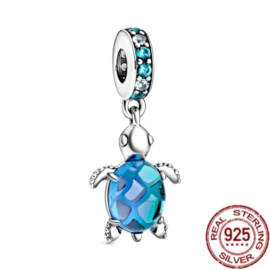 925 Sterling Silver Good Fortune Carp Fish Glass Sea Turtle Dangle Charm Beads Fit S925 Snake Bracelet Fine Jewelry Gift