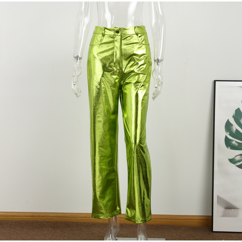 PU Bright Color Women Pants Solid High Waist Straight Streetwear Trousers Female Autumn Winter New Casual Loose Lady Pant