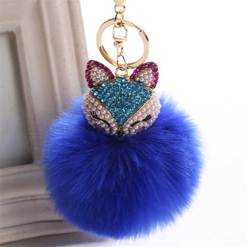 Key Rings Fancy Fantasy New Rabbit 8cm Fur Ball Fox Head Inlaid Pearl Rhinestone Car Keychain Handbag Keyring G230526