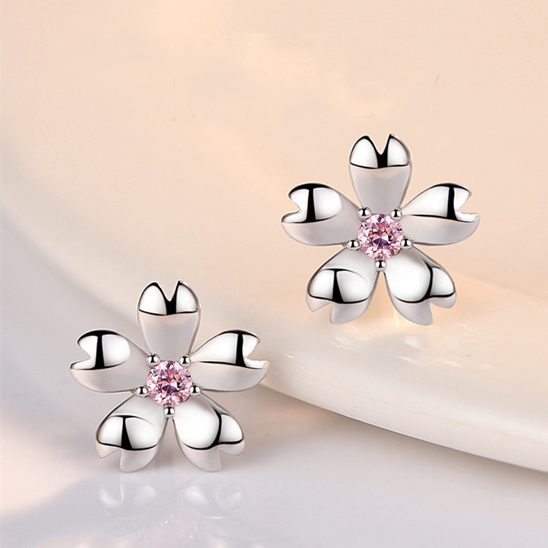 Elegant Cherry Blossom Stud Earrings in S925 Sterling Silver with Crystal Accents - Perfect for Fashionable Women
