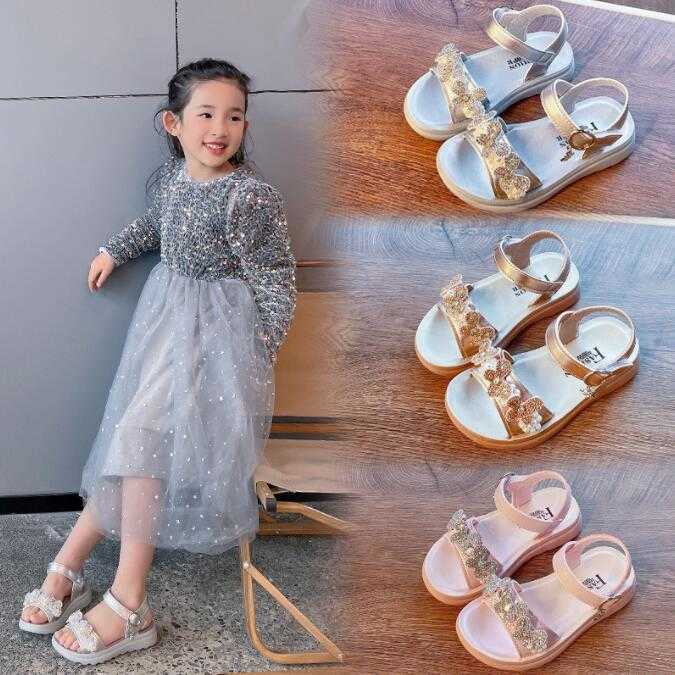 Sandals Girls Princess Sandals Summer New Baby Pearl Bow Single Leather Shoes Fashion Non-slip Flat Children's Shoes R230529