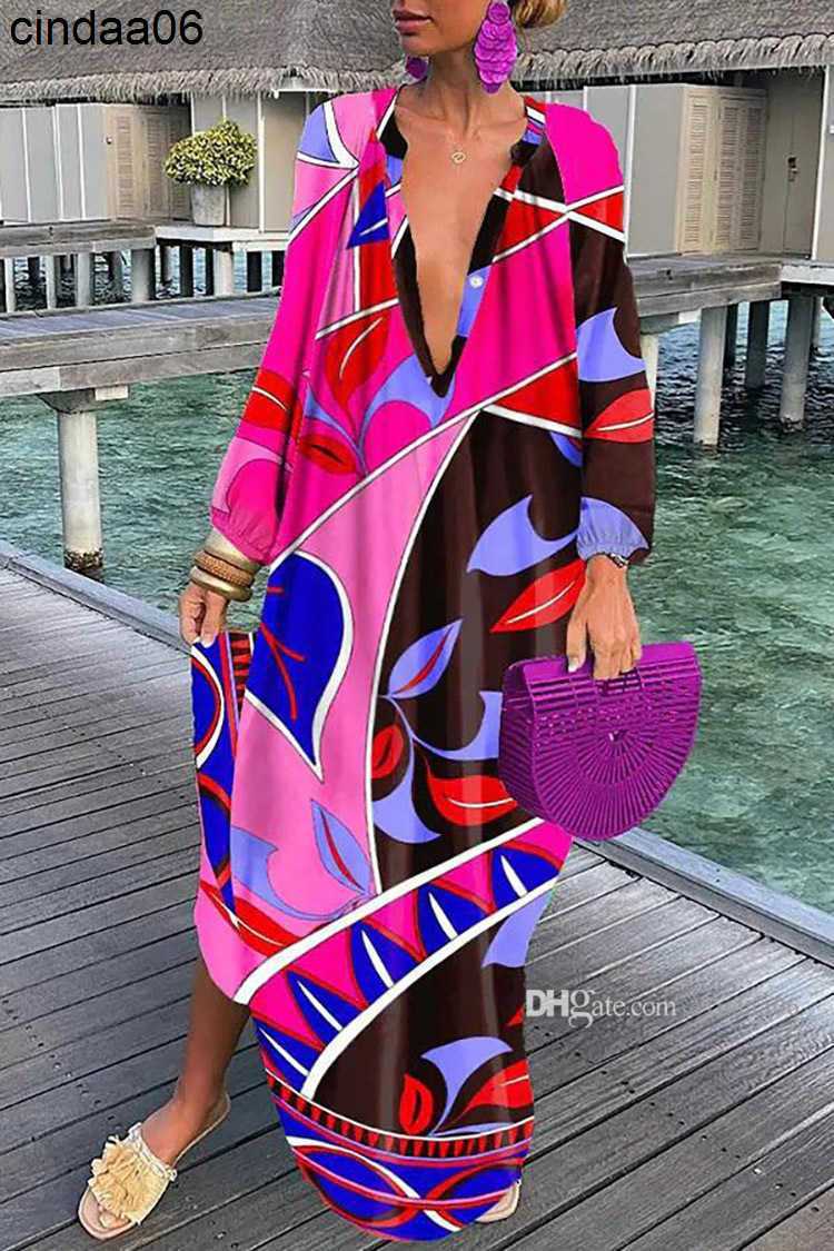 Casual Dresses Women Vintage Maxi Designer Dresses Sexy Deep V Neck Sleeve Boho Print Long Dress Female Beach Cover Up Elegant Robe Summer Clothing Sk