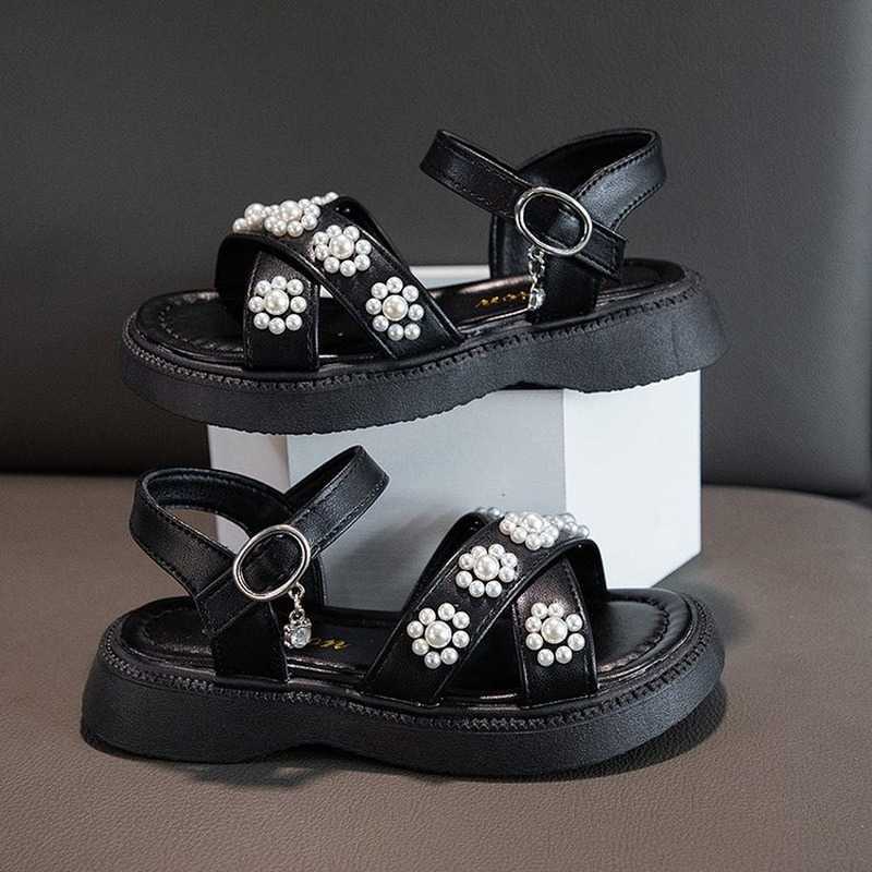 Sandals Children Sandals 2024 Summer New Girls Style Kids Fashion Versatile Pearls Cute Princess Hook Loop Solid Black for Show