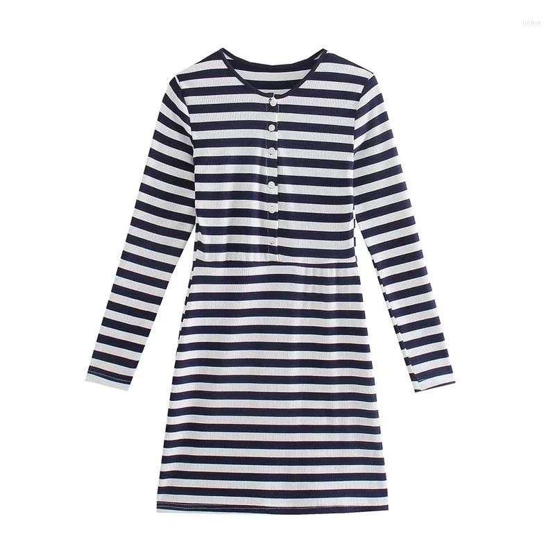 Casual Dresses Withered Indie Folk England Style Retro Navy Striped O-neck Knitted Sheath Sexy Mini Dress Rib Summer