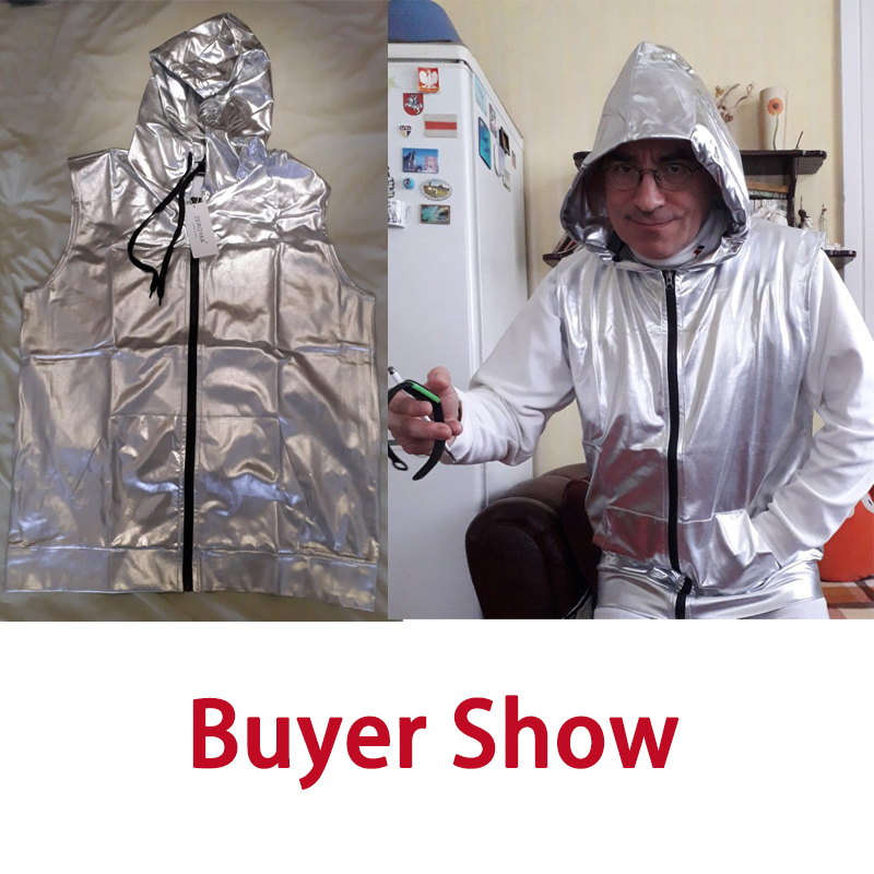 Men's Tracksuits Hooded T Shirt Men Shiny Silver Metallic Zipper Night Club Tshirt Casual Harajuku Streetwear Tee Homme Camiseta 230529