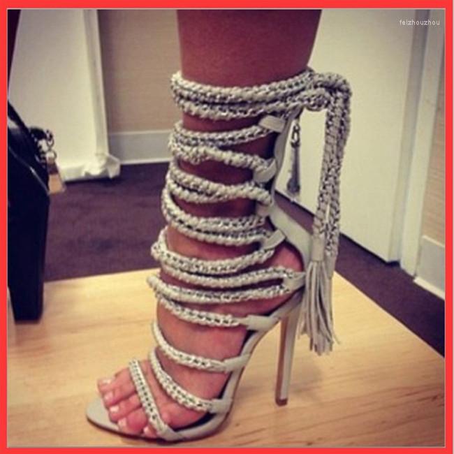 Sandals Sexy Chains Rope Women High Heels Stiletto Tassel Lace Up Gladiator Botas Strappy Celebrity Summer Shoes Woman