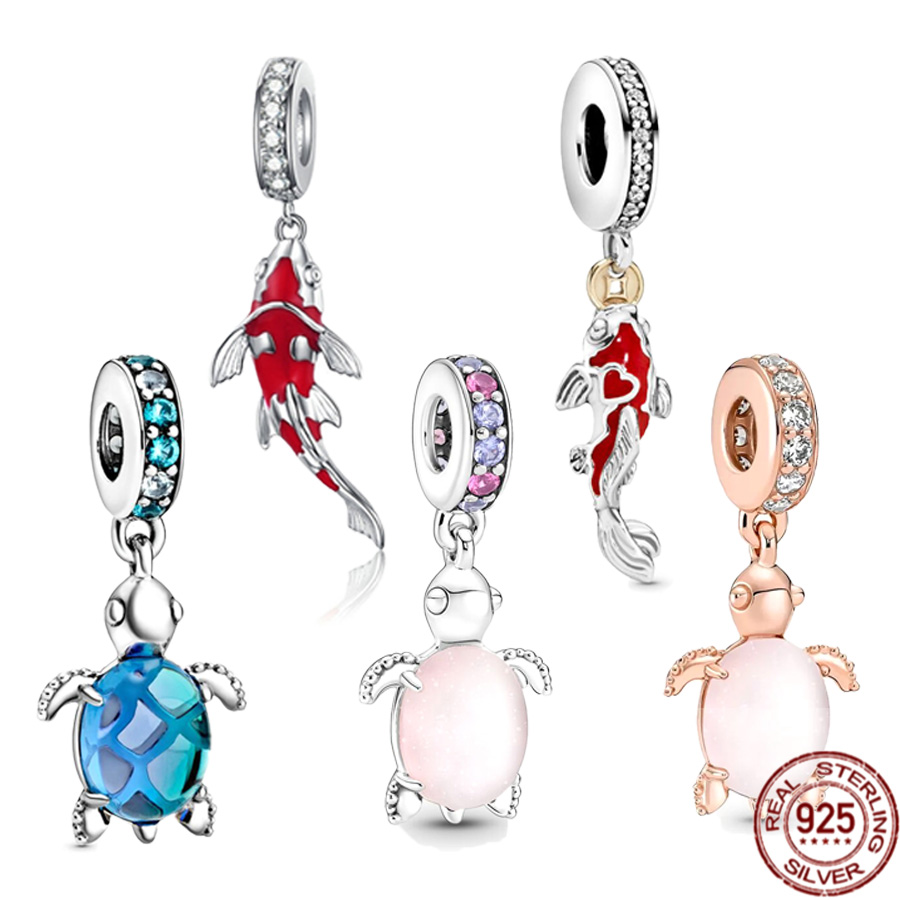 925 Sterling Silver Good Fortune Carp Fish Glass Sea Turtle Dangle Charm Beads Fit S925 Snake Bracelet Fine Jewelry Gift