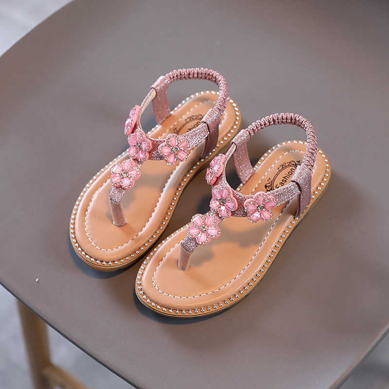 Sandals New Summer Children's Beach Sandals for Girls Fashion Soft Sole Princess Shoes Kids Rhinestone Flower Casual Flip Flops Sandales R230529
