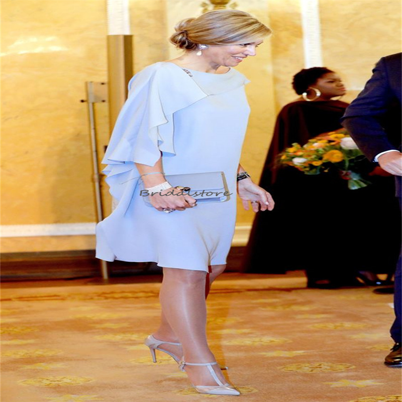 Elegant Blue Knee Length Mother Of The Bride Dress 2023 With Sleeves Plus Size Mom Evening Formal Dress Women Wedding Guest Wear Groom Mothers Prom Pa