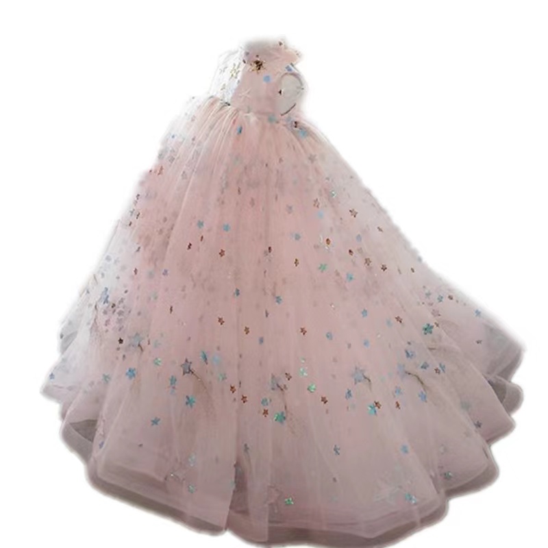 Cute Handmade Flower Girls Dresses Bow Belt Bead Princess Kids Bridesmaid Dress Girl Pageant Ball Gown star sequined crystal long tain Puffy Bridesmai
