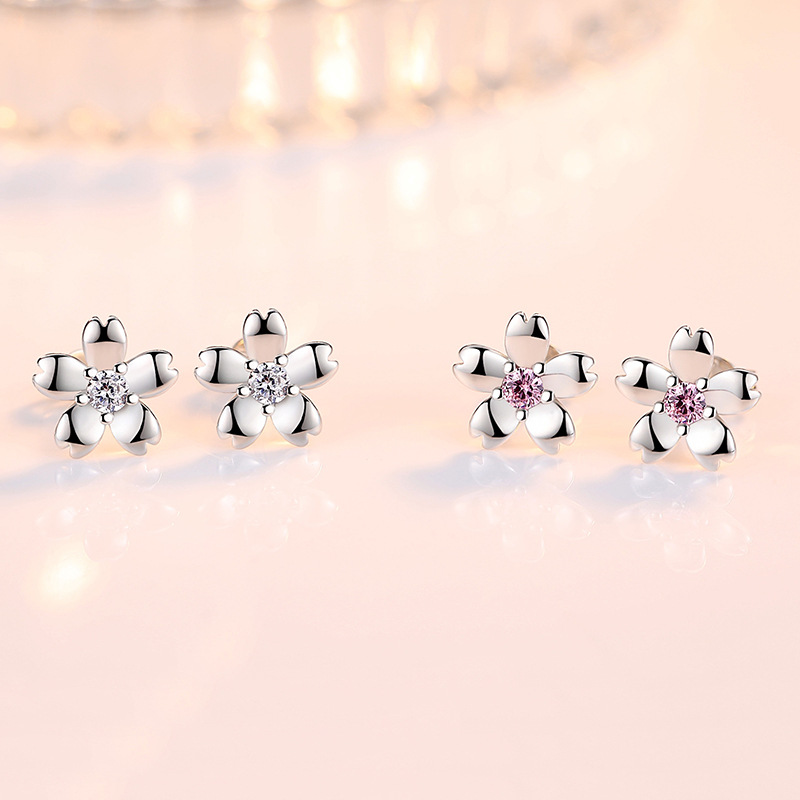 Elegant Cherry Blossom Stud Earrings in S925 Sterling Silver with Crystal Accents - Perfect for Fashionable Women