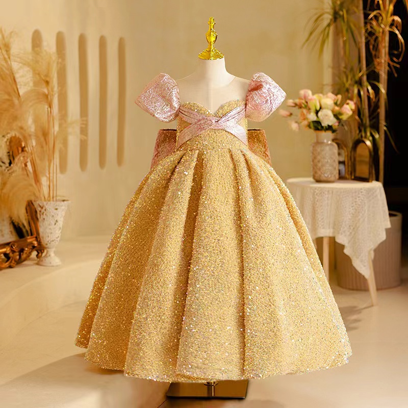 Lovely Gold Pink Flower Girl Dresses For Weddings Jewel Neck Crystal Beads Tulle Princess Girls Pageant Dress Short Sleeves Big Bow Kids Communion Gow