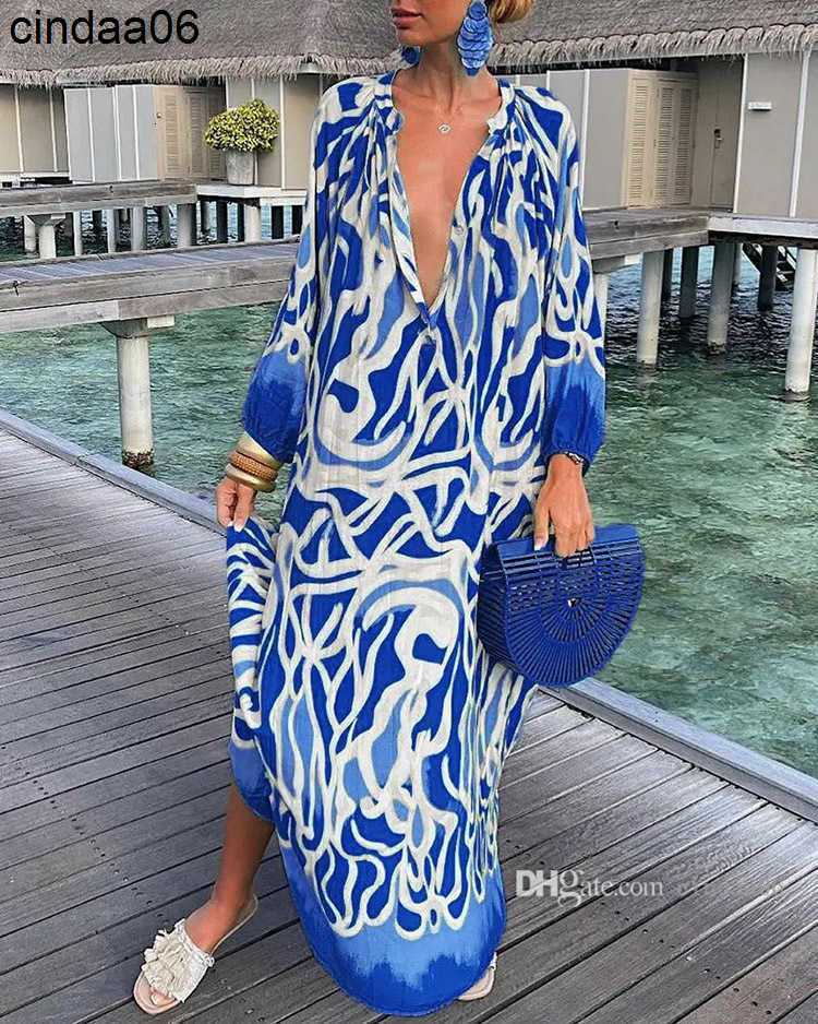 Casual Dresses Women Vintage Maxi Designer Dresses Sexy Deep V Neck Sleeve Boho Print Long Dress Female Beach Cover Up Elegant Robe Summer Clothing Sk
