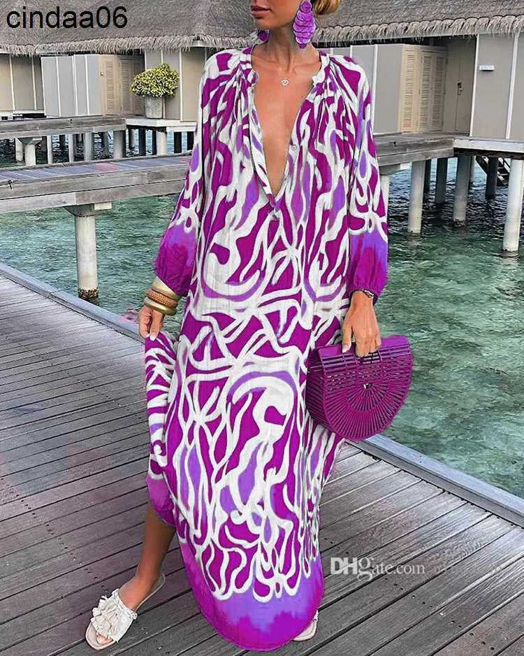 Casual Dresses Women Vintage Maxi Designer Dresses Sexy Deep V Neck Sleeve Boho Print Long Dress Female Beach Cover Up Elegant Robe Summer Clothing Sk