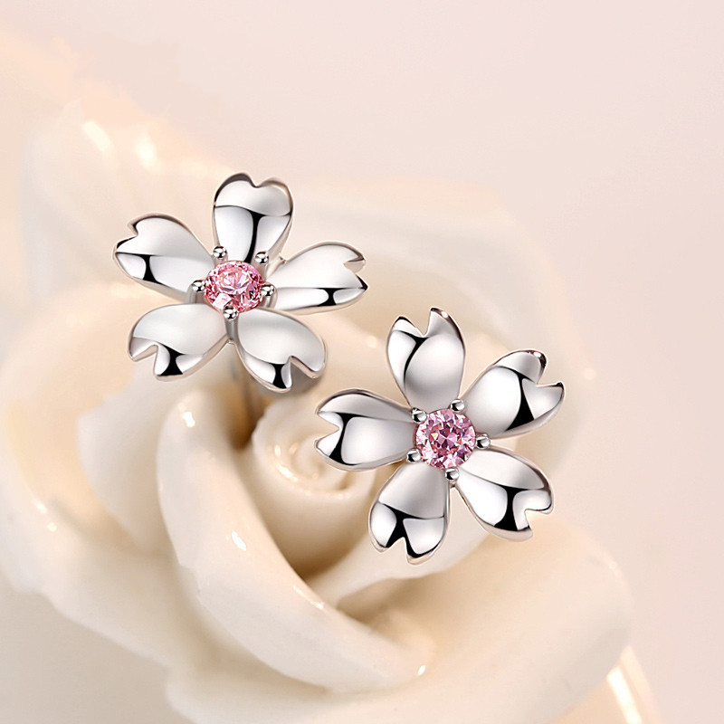 Elegant Cherry Blossom Stud Earrings in S925 Sterling Silver with Crystal Accents - Perfect for Fashionable Women