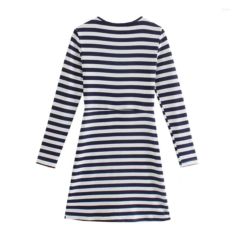 Casual Dresses Withered Indie Folk England Style Retro Navy Striped O-neck Knitted Sheath Sexy Mini Dress Rib Summer