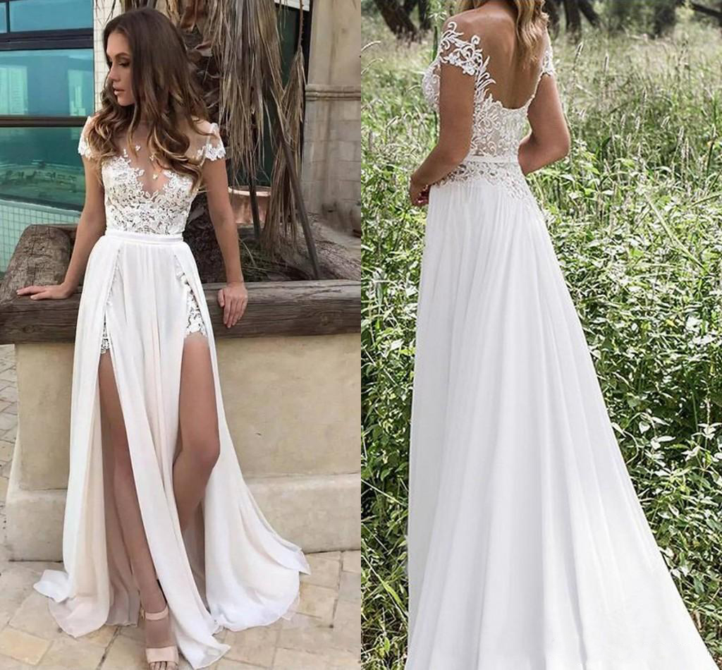 Beach Side Split Sexy Illusion Boho A-e Wedding Dresses Cheap Plus Size Bohemian Bridal Gowns Custom made