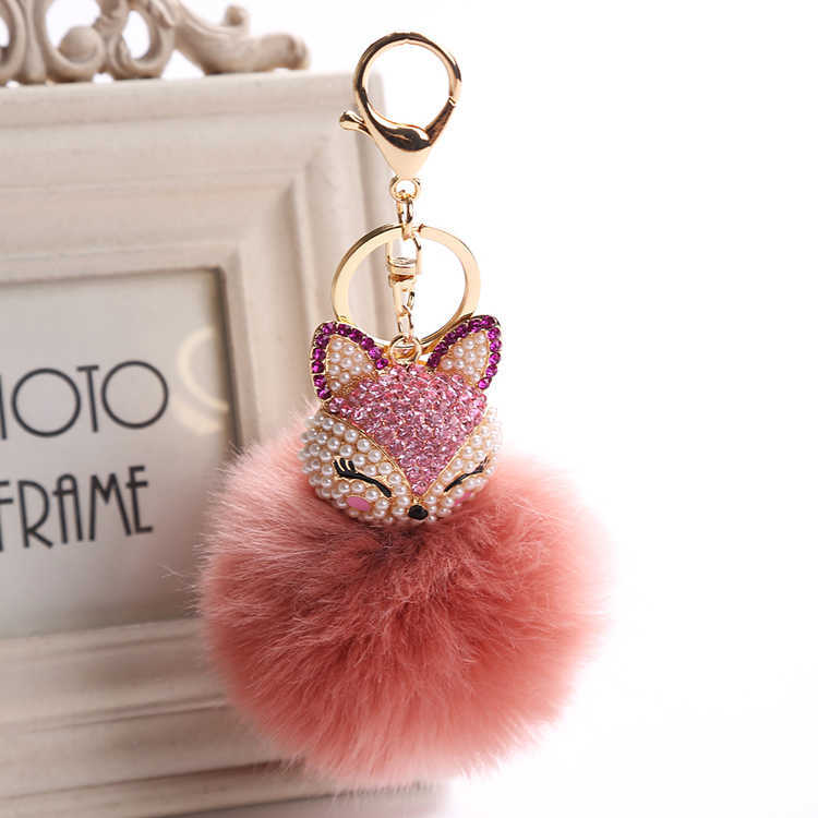 Key Rings Fancy Fantasy New Rabbit 8cm Fur Ball Fox Head Inlaid Pearl Rhinestone Car Keychain Handbag Keyring G230526
