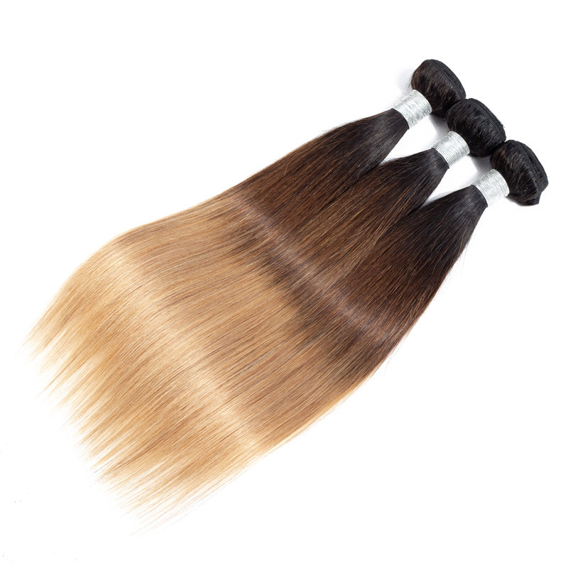 1B/4/27 ThreeTones Color 3 Bundles With 4X4 Lace Closure Brazilian 100% Human Hair Extensions Straight Free Part 10-30inch