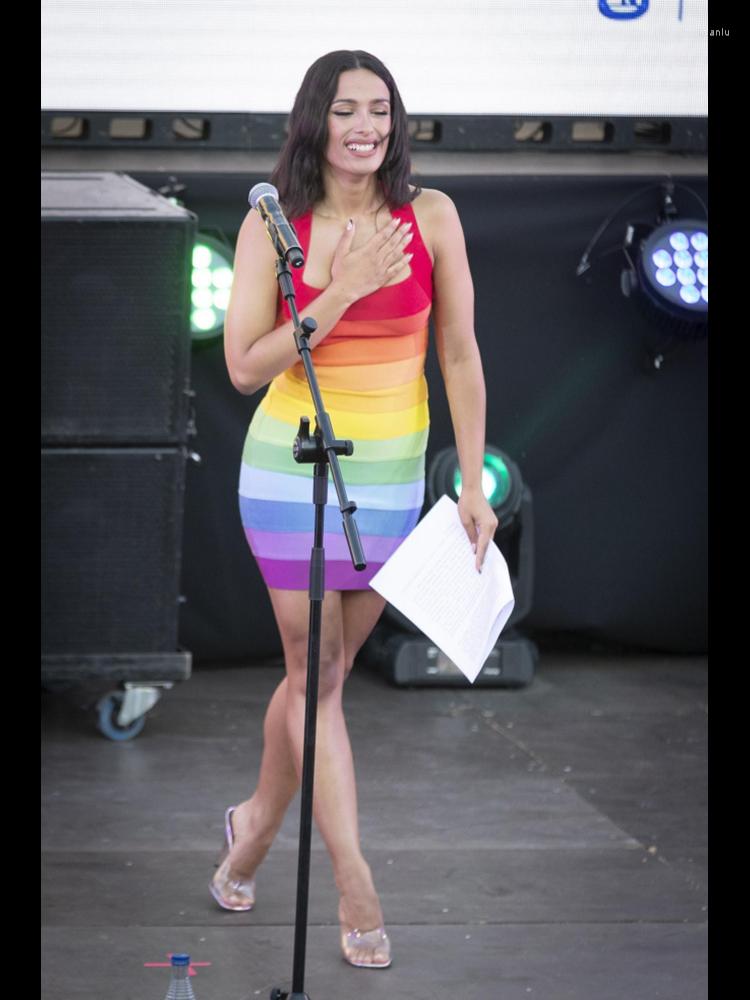 Casual Dresses Sexy Backless Halter Rayon Bandage Mini Dress Elegant Rainbow Gradient Sleeveless Bodycon Evening Party Club
Casual Dresses Sexy Backless Halter Rayon Bandage Mini Dress Elegant Rainbow Gradient Sleeveless Bodycon Evening Party Club