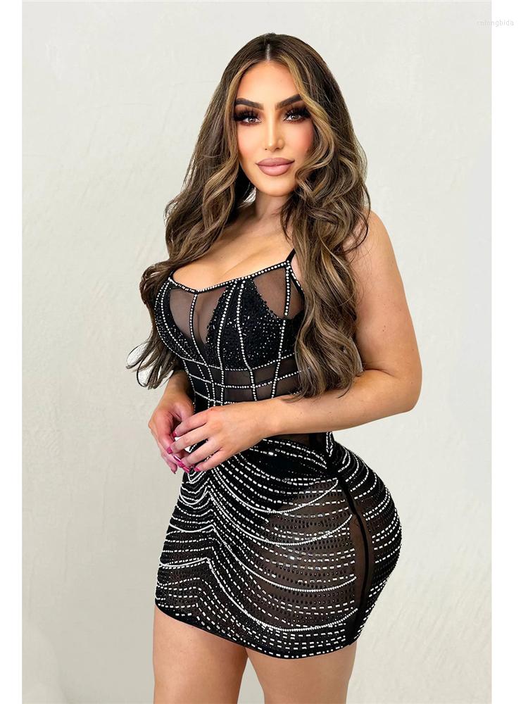 Casual Dresses IDress Women Sheer Mesh Dress Sparkle Rhinestone Strap Stretchy Bodycon Sexy Night Club Party Vestidos Summer Outfits