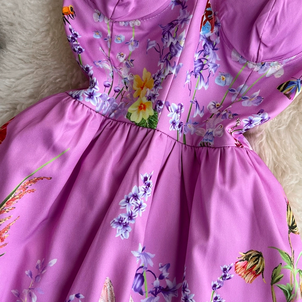 High end light luxury elegant style bra and suspender dress European and American fashion waistband show slim sleeveless A-line printed dress