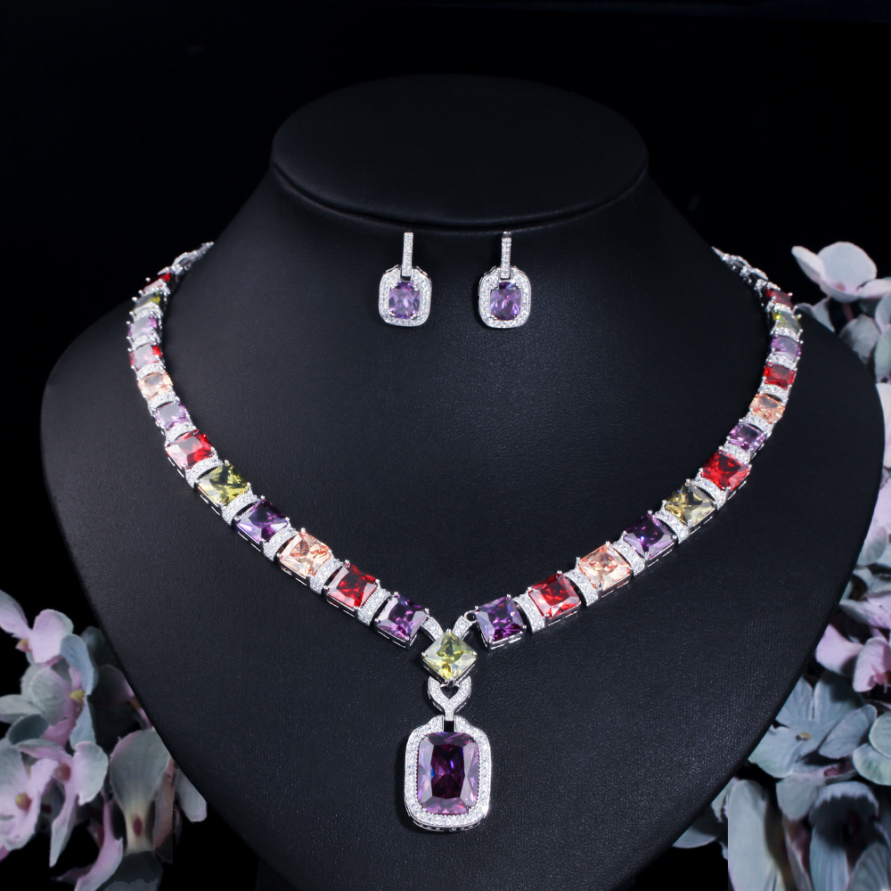 Trendy Colorful Lab Diamond Jewelry set White Gold Filled Party Wedding Earrings Necklace For Women Bridal Engagement Jewelry