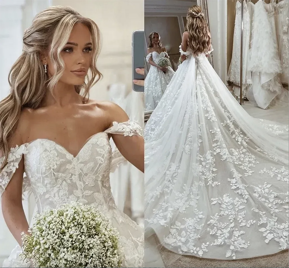 Elegant Off-shoulder Lace Bridal Gown with 3D Floral Appliques, Backless Design, and Long Train - Plus Size Available