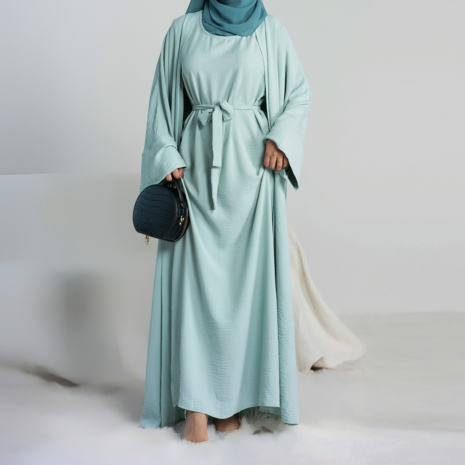 Ethnic 2 Piece Abaya Kimono Matching Muslim Set Ramadan Abayas for Women Dubai Turkey Inner Hijab Dress African Islam Clothing Jilbab 230529