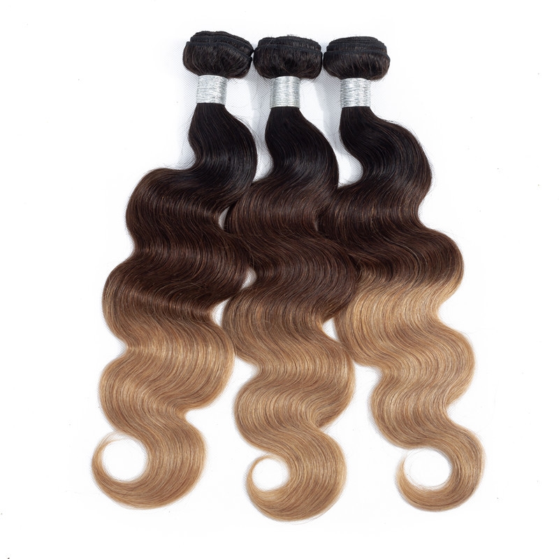 Yirubeauty Indian Virgin Human Hair Extensions 1B/4/27 Three Tone Color 10-30inch Body Wave 3 Bundles With 13X4 Lace Frontal Free Part