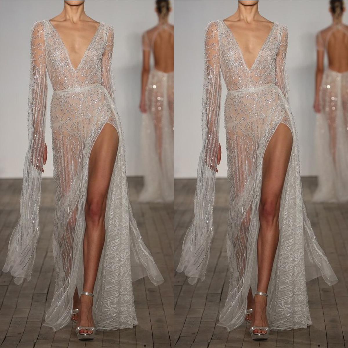 Glmorous A-E Wedding Dresses V-Neck Long Sleeves Tulle Shining Applicnts Side Split Or Length Custom Mde Zipper Plus Size Bridl Dress Vestidos De Lz03